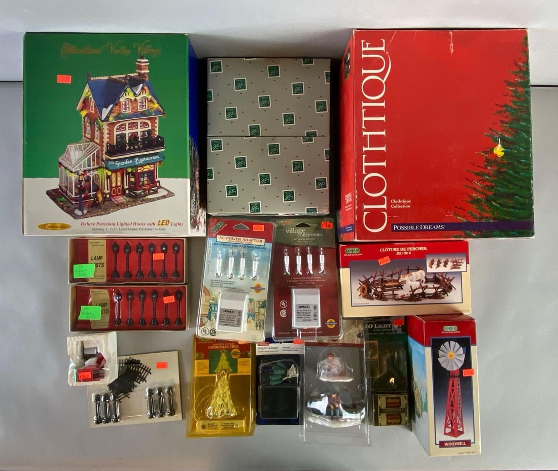 Group of Assorted Christmas Village Accessories and Buildings: Includes Trees, lighted lamp posts, windmill and more, largest measures 12 x 10 x 8 inches