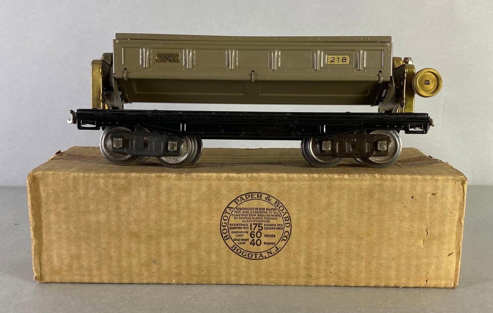Pre-War Lionel Lines S Scale No. 218 Gondola Car: With original box, Train car measures 13 inches long.