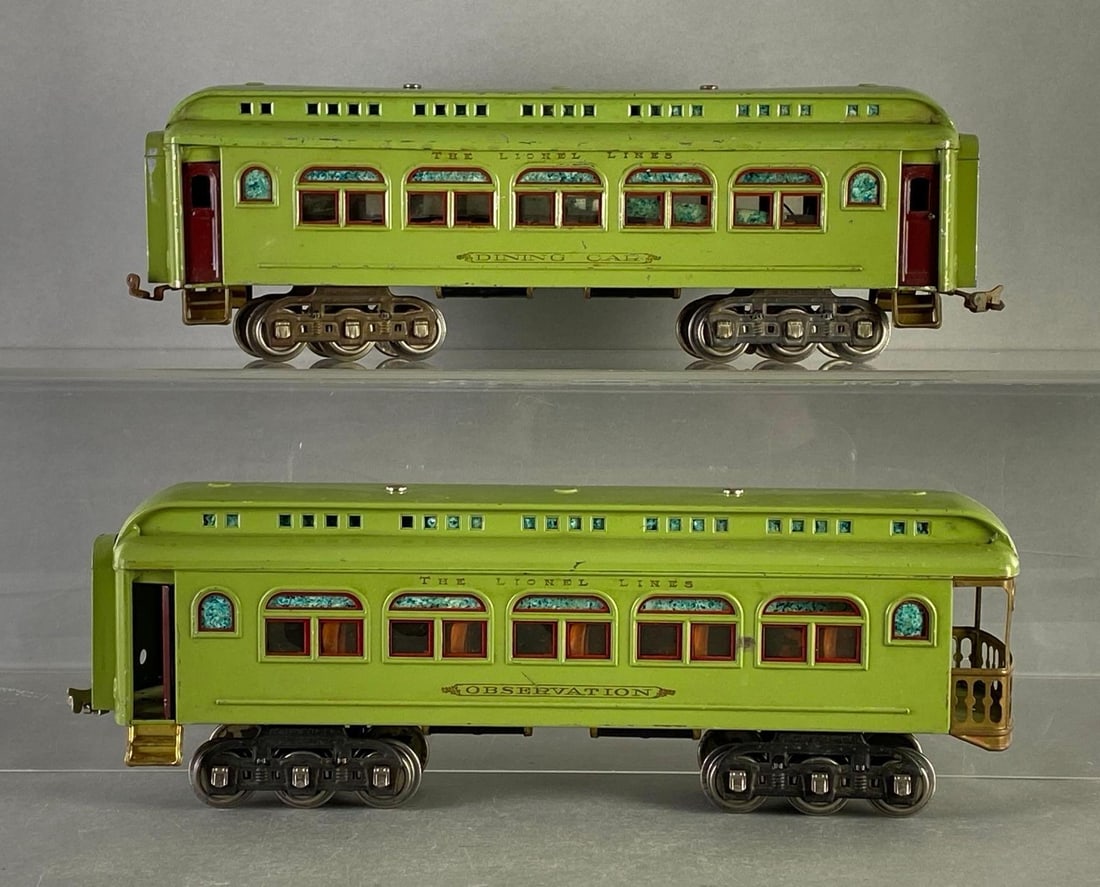 Group of 2 Pre-War Lionel Lines S Scale Train Cars: Includes No. 431 Dining Car, and No. 490 Observation Car, Some window plastic not in place, Both measure 18 inches long.