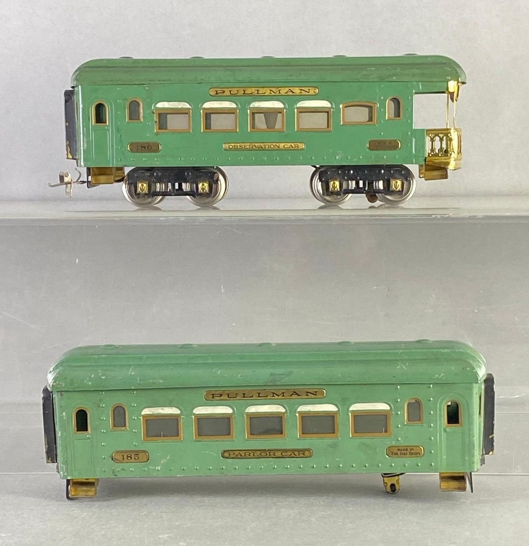 Group of 2 Pre-War The Ives Shops S Scale Pullman Train Cars: Includes No. 186 Observation Car, and No. 185 Parlor Car, Parlor Car Wheels not attached, Longest measures 13 inches long.
