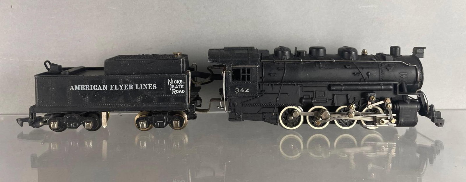 American Flyer S Scale No. 342 Locomotive with Tender: Nickel plate road, measures 13 3/4 inches