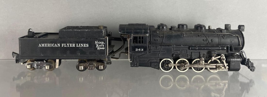 American Flyer S Scale No. 342 Locomotive with Tender: Nickel plate road, measures 13 3/4 inches
