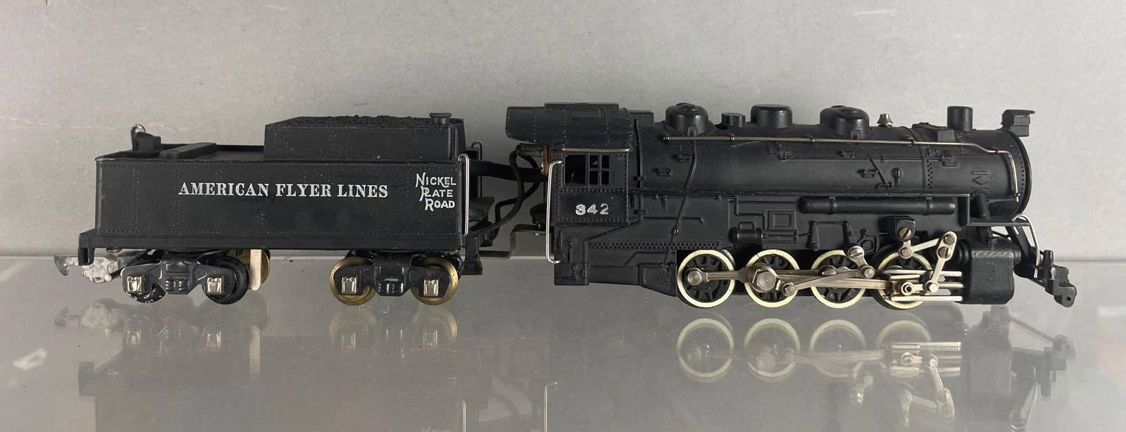American Flyer S Scale No. 342 Locomotive with Tender: Nickel plate road, measures 13 3/4 inches