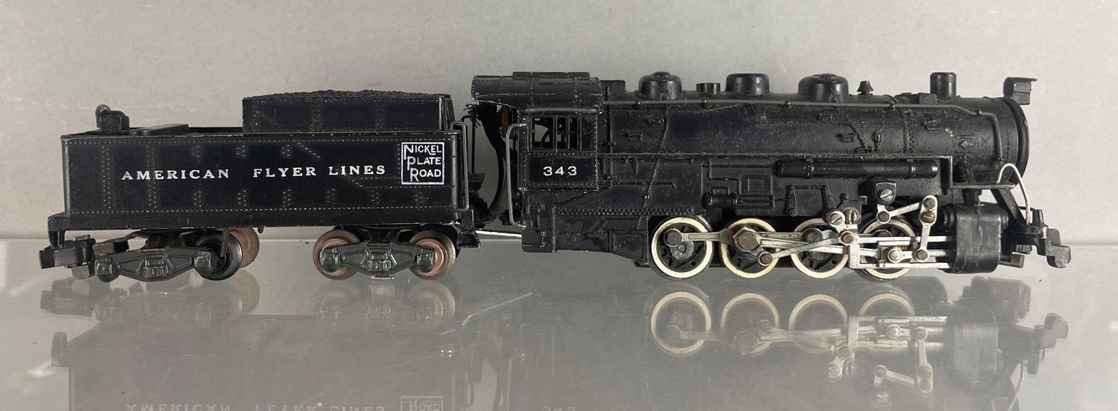 American Flyer S Scale No. 343 Locomotive with Tender: Nickel plate road, measures 13 3/4 inches
