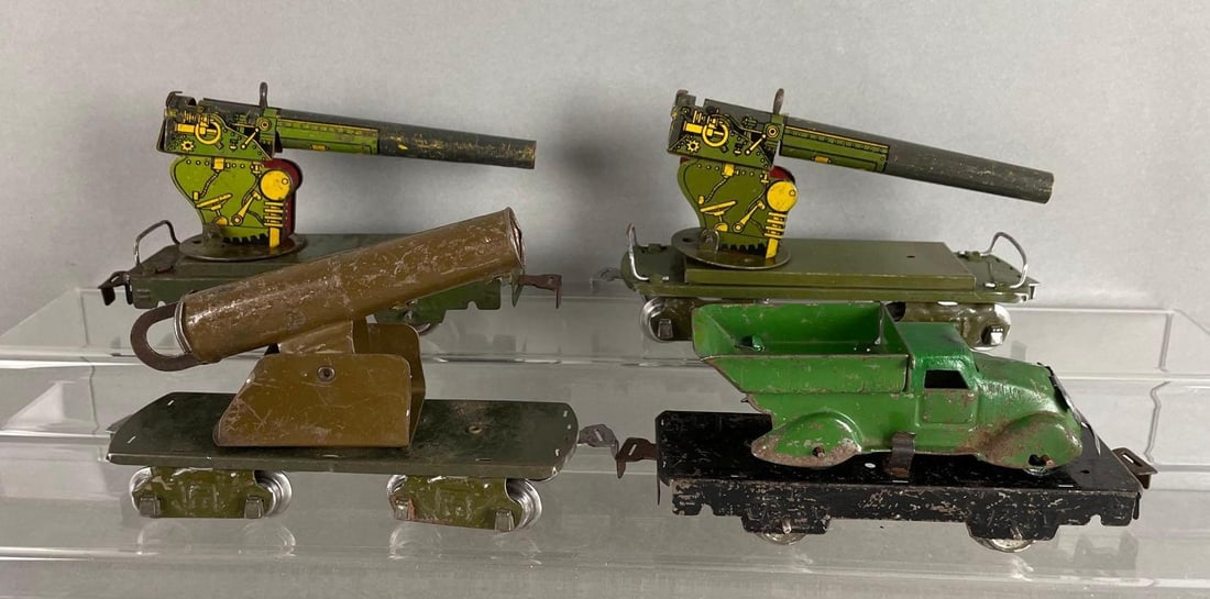 Group of Marx O Scale Army Train Cars: Includes army dump truck, aircraft gun car , siege gun