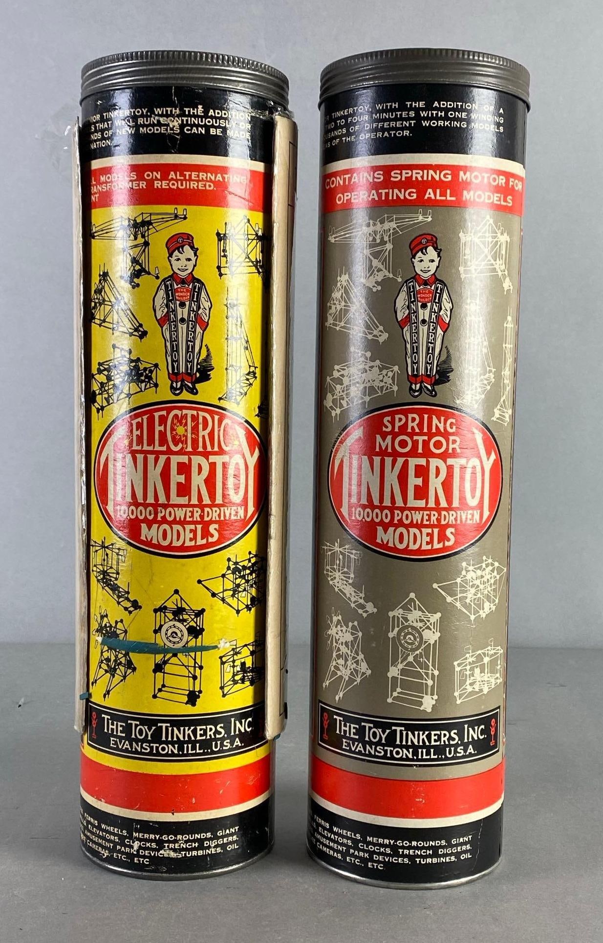 Group of 2 Electric Tinker Toy Play Sets: Evanston Illinois, One like new, Unknown set completions, Containers measure 15 3/4 x 4 x 4 inches.