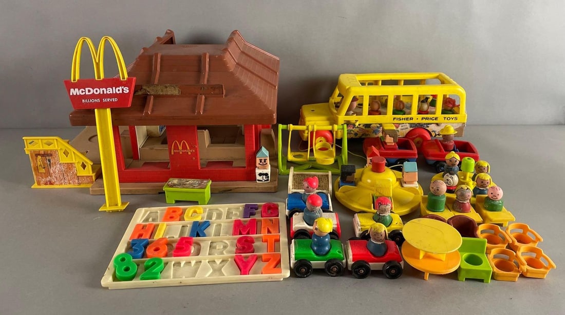 Group of Playskool and Fisher Price Little People Sets and More: Includes McDonalds play set, school bus, cars, furniture, and more. McDonalds measures 8 3/4 x 12 x 11 inches