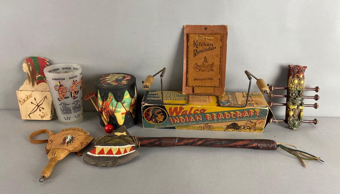 Group of Native American Themed Items: Includes Wisconsin dells souvenir drum, Niagara Falls Canada hand broom, Waldo Indian beadcraft with original box. Tomahawk measures 17 x 5 1/4 inches