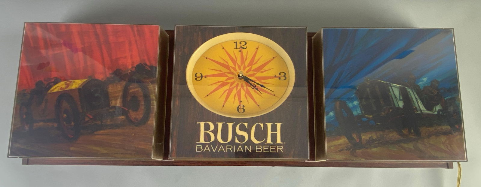 Busch Bavarian Beer Vintage Raving Light Up Advertising Clock: in non working condition, measures 37 x 12 1/2 x 5 inches