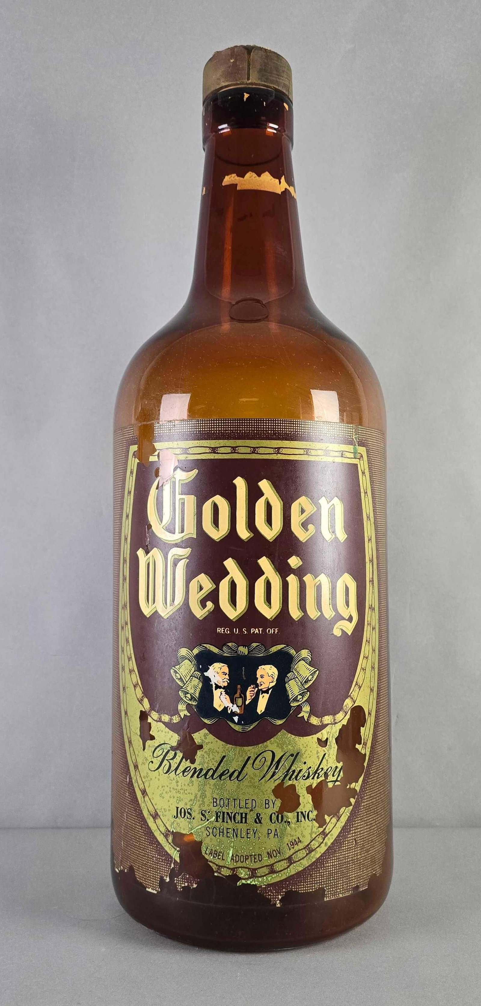 Large Golden Wedding Whiskey Store Display Bottle: Measures 28 x 9 x 9 inches
