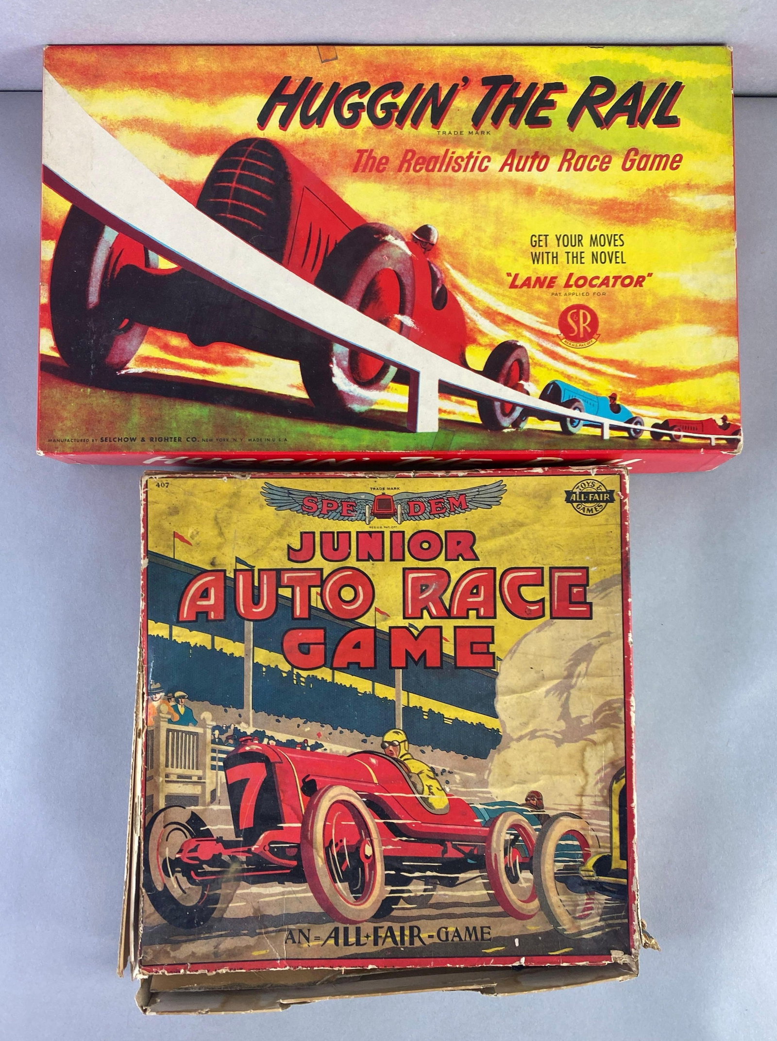 Group of 2 Vintage Tabletop Auto Racing Boars Games: Includes Junior Auto Race Game and Huggin the Rail, unknown set completion, largest measures