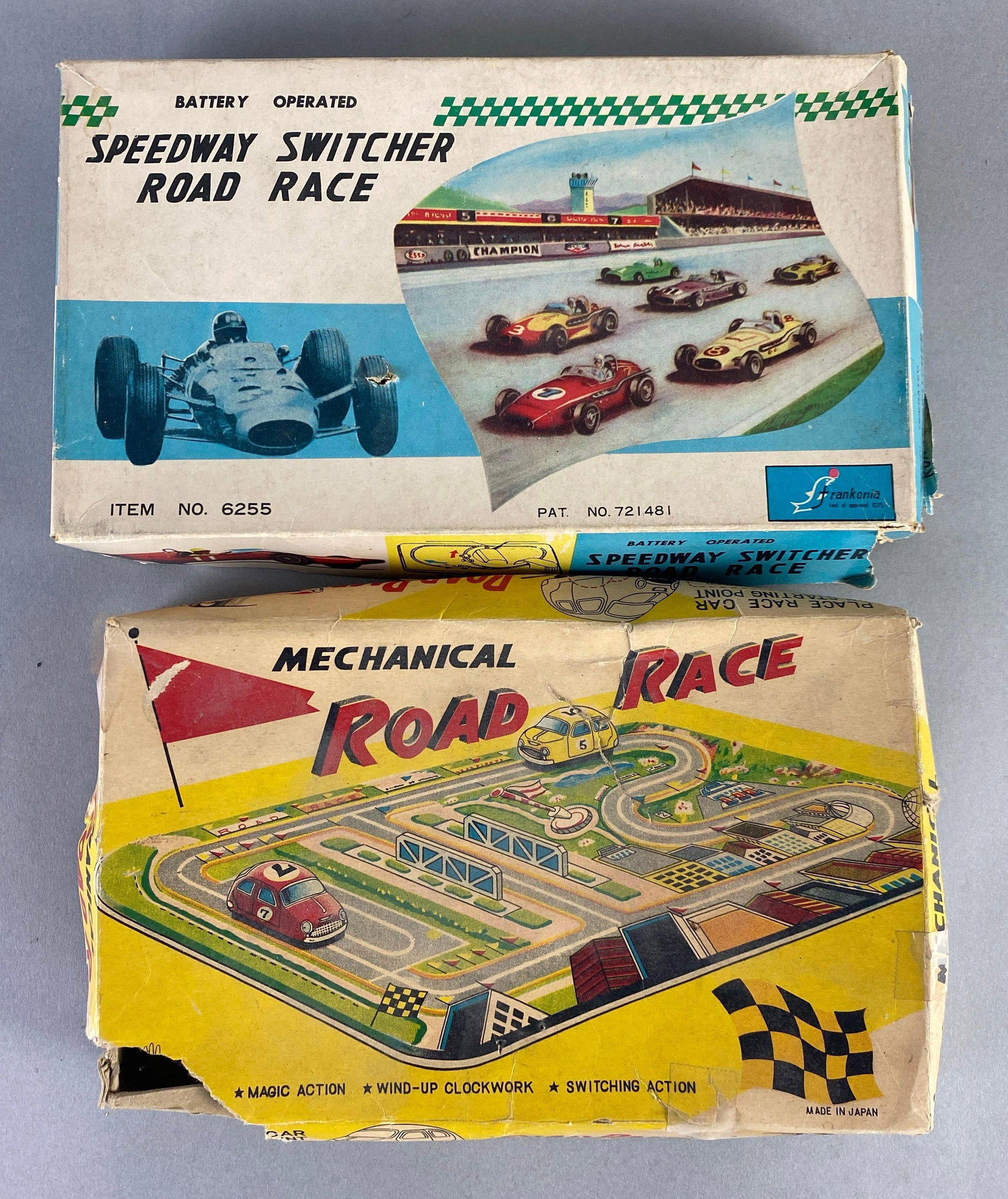 Group of 2 Mechanical Tabletop Tin Litho Racing Games: includes Battery Speedway switcher road race and Mechanical Road Race, unknown set completion, largest measures 10 x 6 x 1 1/2 inches