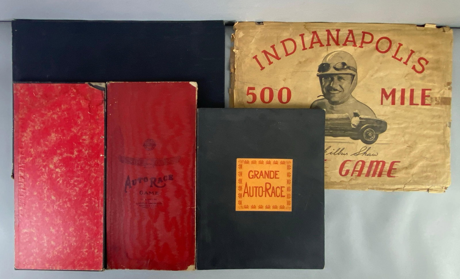 Group of Assorted Tabletop Racing Game Boards: includes Spedem auto race game, Grande auto race, Indianapolis 500 mile game and more, largest measures 20 x 15 inches