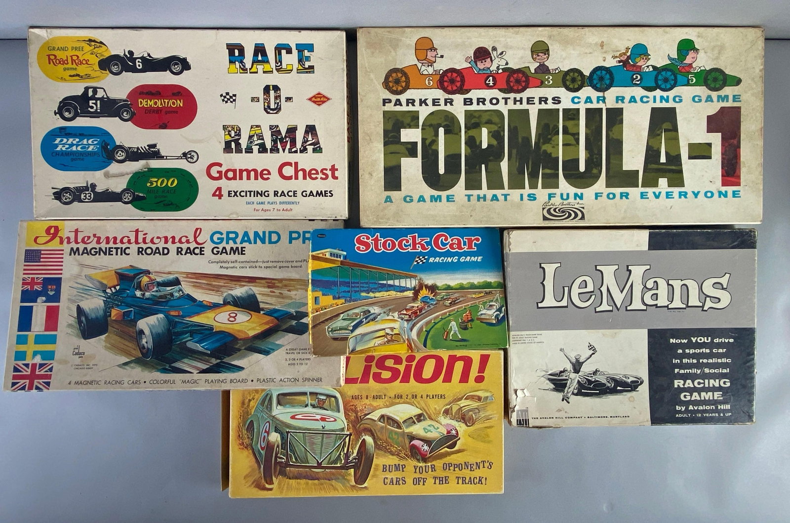 Group of Racing Tabletop Games: Includes International Grand Prix, Race o Rama, Formula 1 and more, unknown set completion, largest measures 23 x 11 x 2 inches