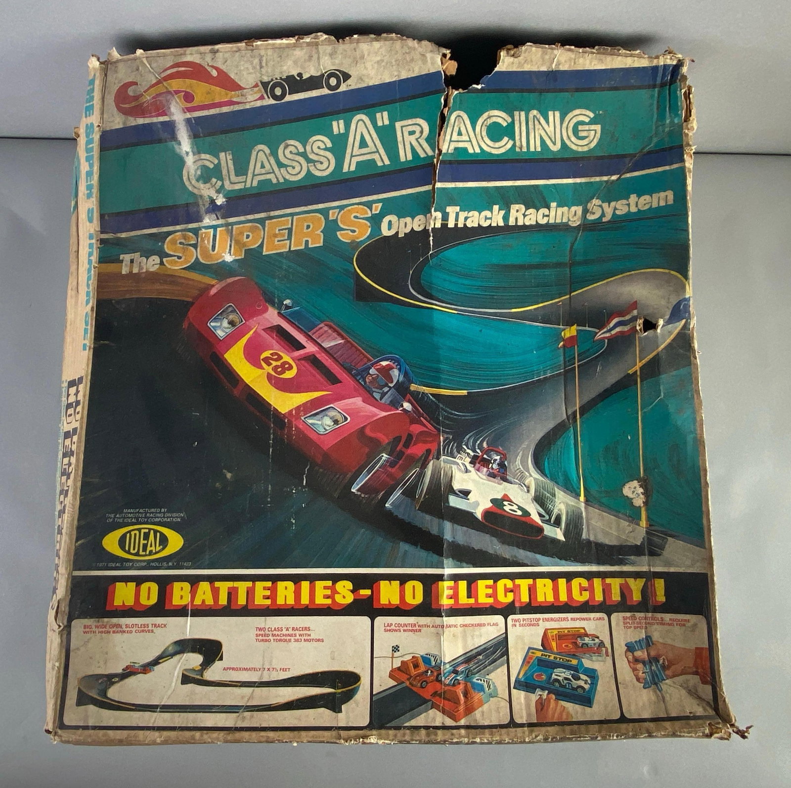 1971 Ideal Class A Racing Super S Open Track Racing System: Unknown set completion, includes foreign parts, box measures 24 x 25 x 9 inches