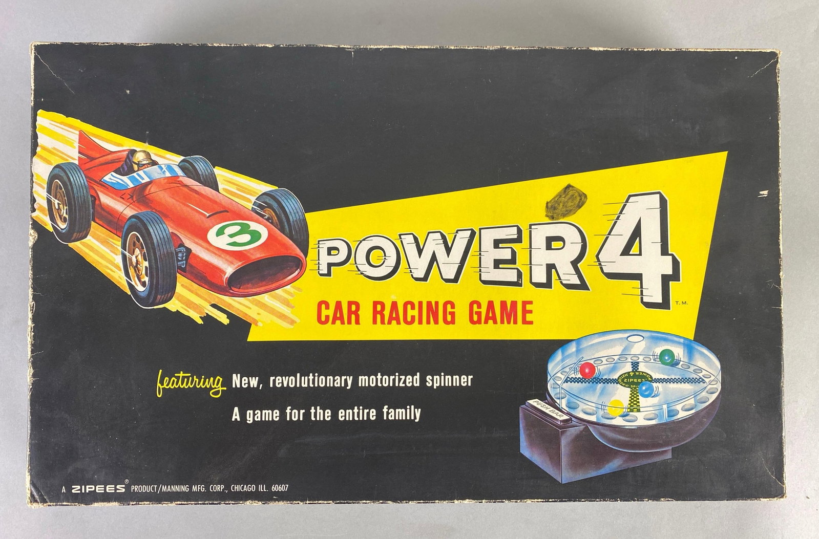 Zipees Power 4 Motorized Spinner Car Racing Board Game: Unknown set completion, measures 20 1/2 x 12 1/2 x 4 inches