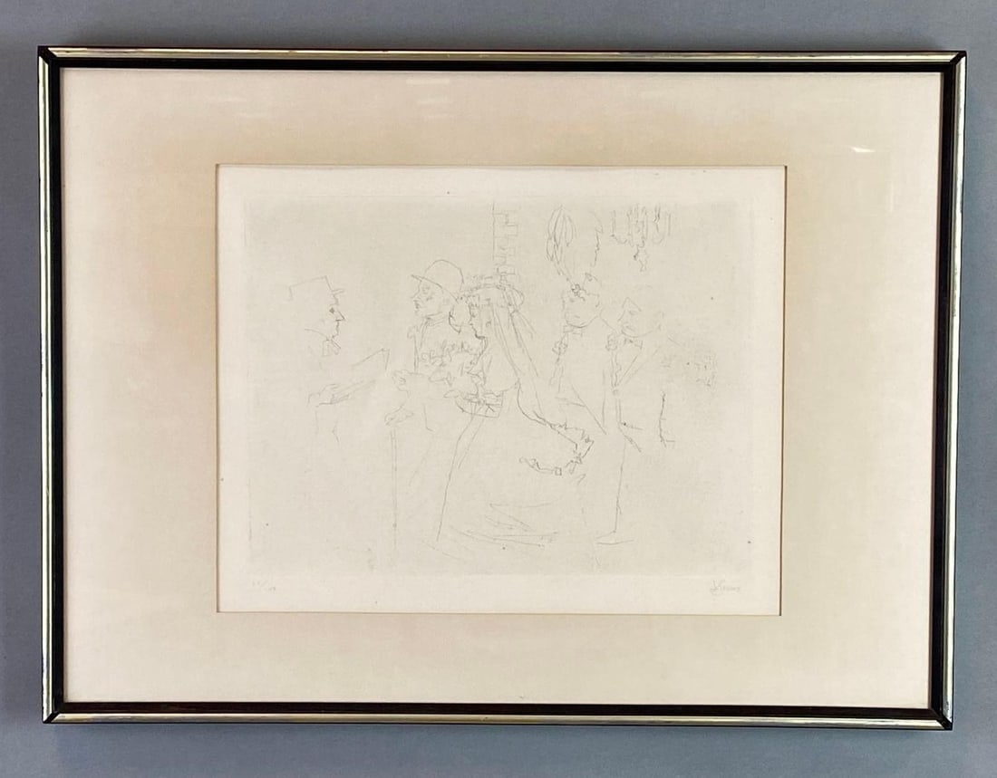 Jack Levine Wedding March Etching on Paper: Artists signature on bottom right corner, Limited Edition No. 24/108, Frame measures 15 3/4 x 21 1/4 inches, Etching measures 11 x 14 inches.