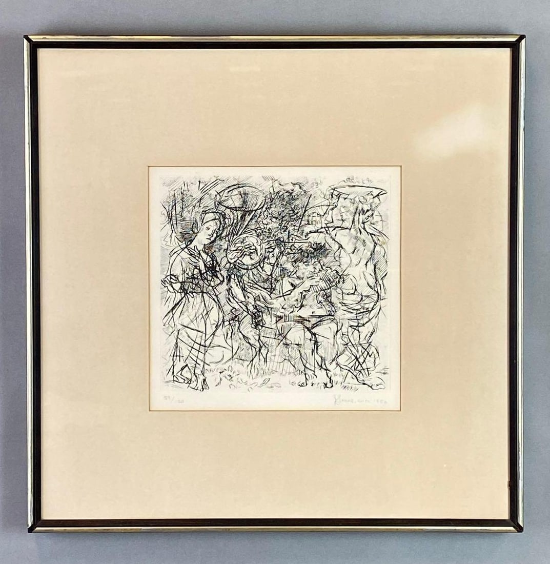 Jack Levine Woodstock Pastoral Etching on Paper: Circa 1950, Artists signature on bottom right corner, Limited Edition No. 59/120, Frame measures 18 3/4 x 18 3/4 inches, Etching measures 10 x 10 inches.