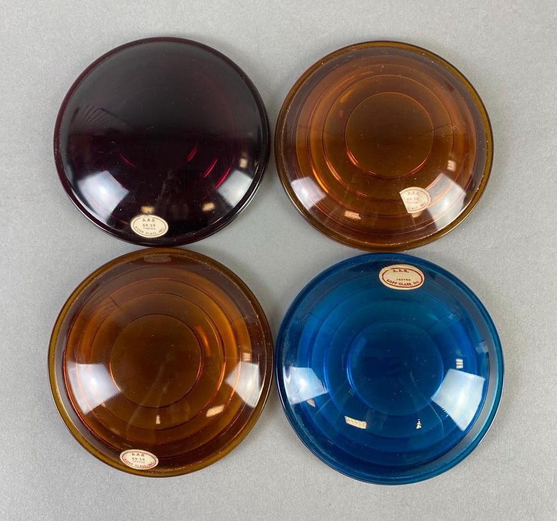 Group of 4 Kopp Glass Inc. A.A.R. Glass Railroad Lantern Lenses: Includes (2) Amber, (1) red, and (1) blue, All measure 4 1/2 x 4 1/2 x 1 1/4 inches.