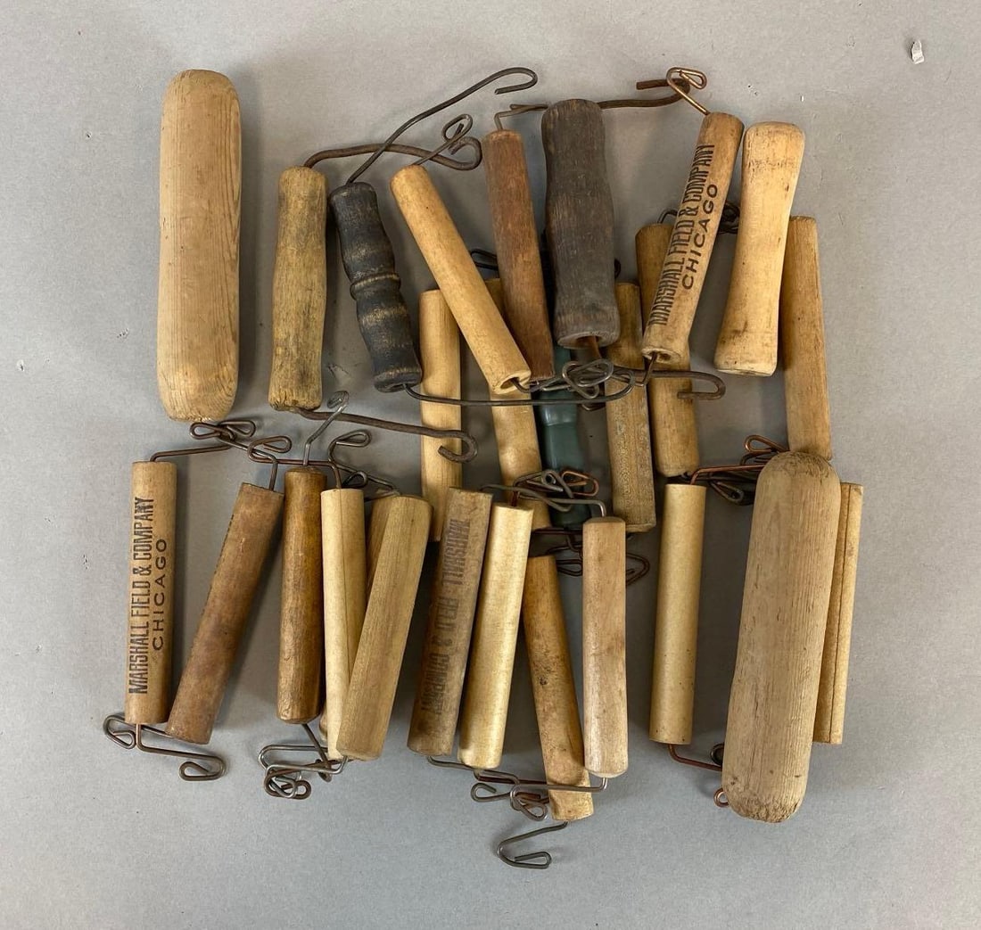Group of Vintage Wooden Handles: Including some from Marshall Field and Company Chicago . Largest measures 1 x 5 x 1 inches.