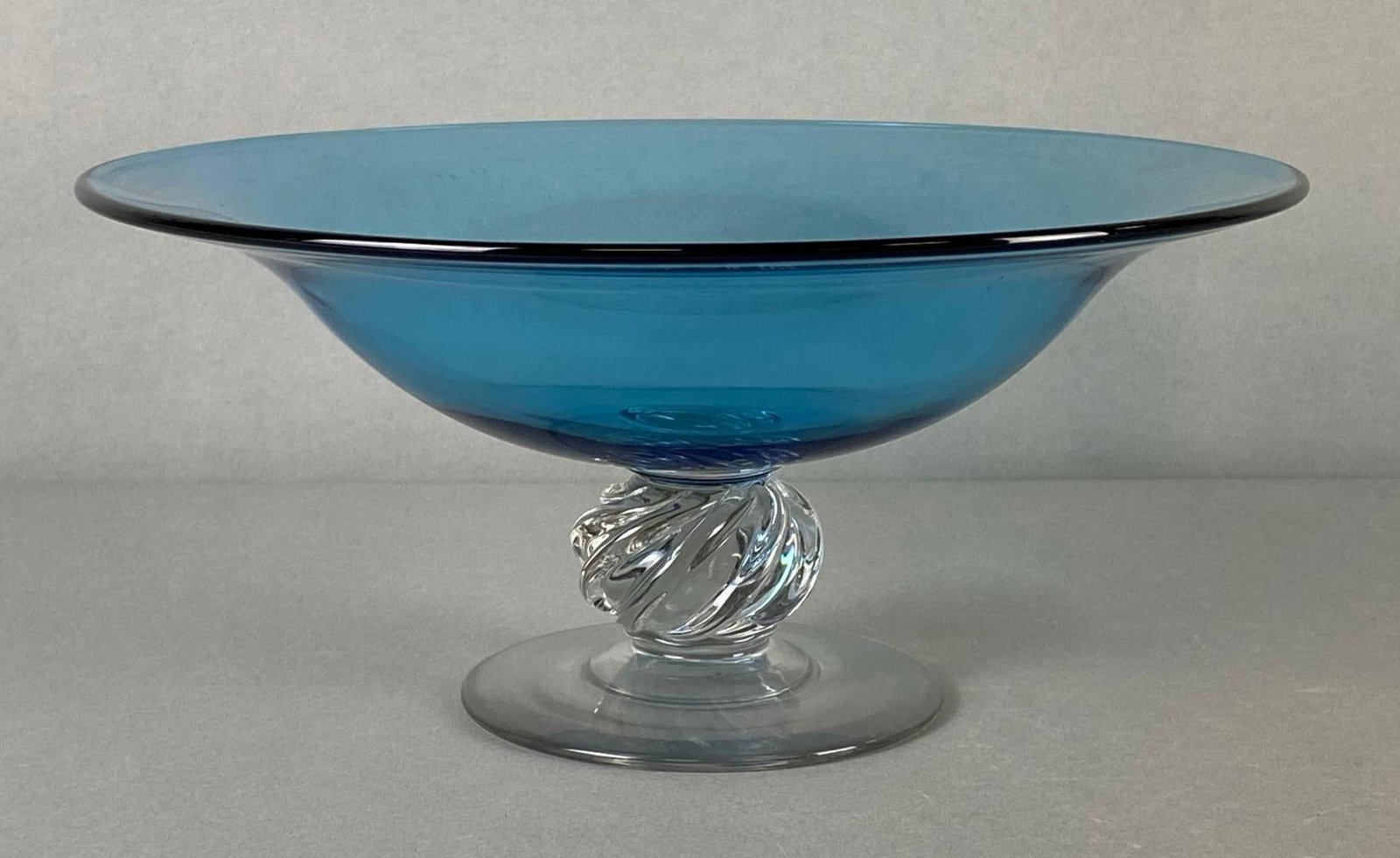 Art Deco Blue Glass Compote with Clear Glass Twist Stem: Measures 5 1/2 x 11 3/4 x 11 3/4 inches.