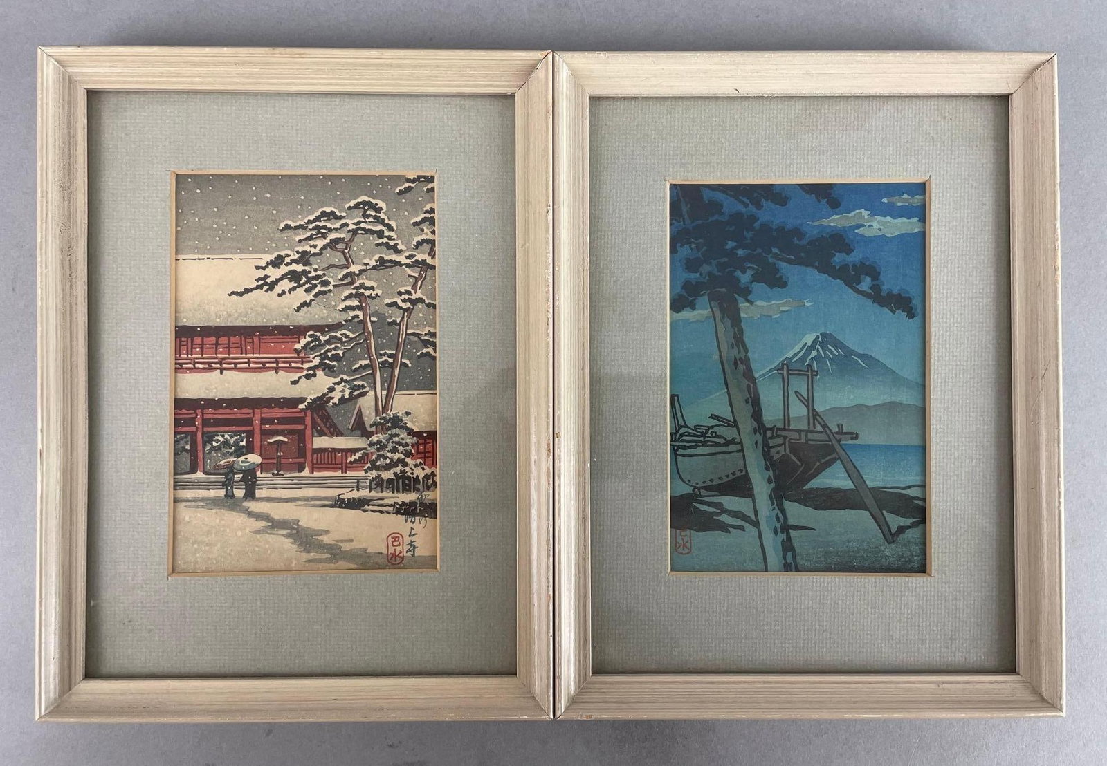 Group of 2 Japanese Scene Woodblocks on Paper: Each print measures 5 1/2 x 3 1/2 inches, frames measure 9 x 6 3/4 inches