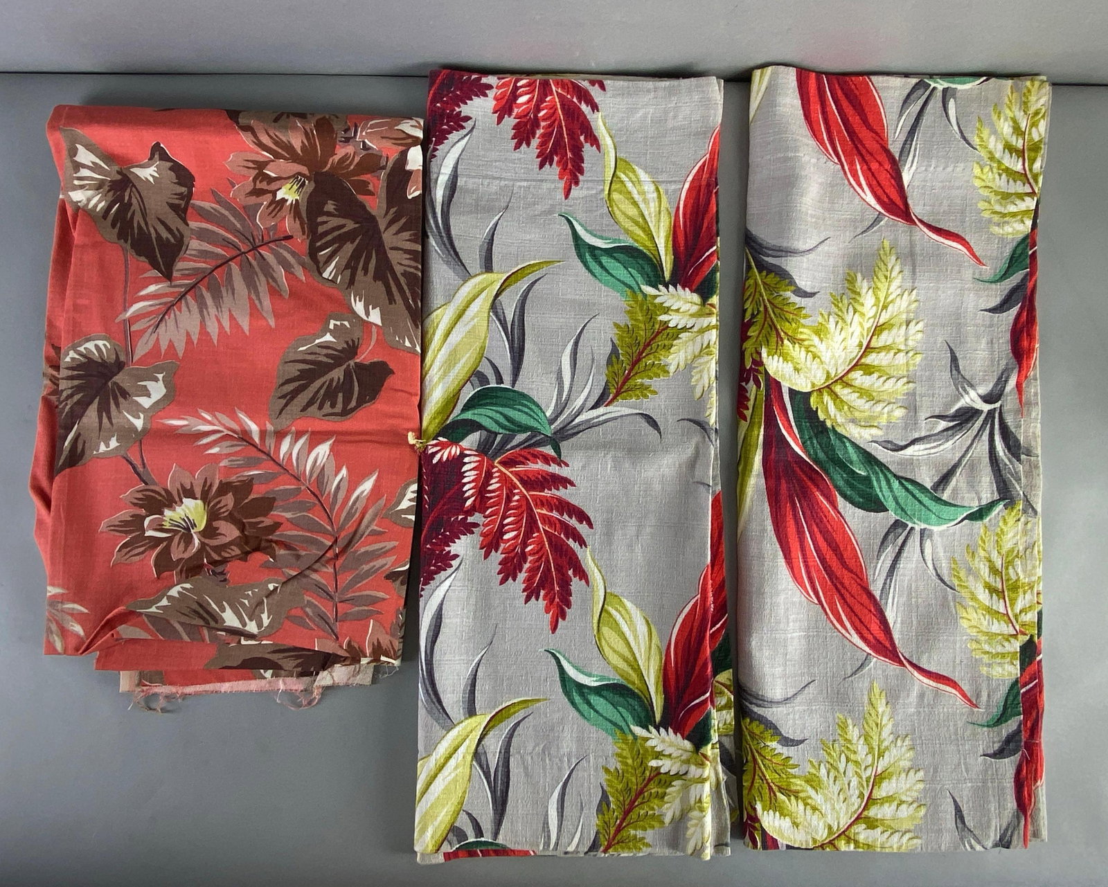 Group of 3 Floral Fabric and Curtain: grey fabric are curtains, each curtain measures 28 x 42 inches