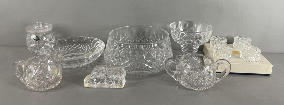 Group of Crystal and Cut Glass Dishes: Includes royal brieley crystal sugar dish, gorham napkin rings with box, large glass bowl measures 3 3/4 x 8 inches