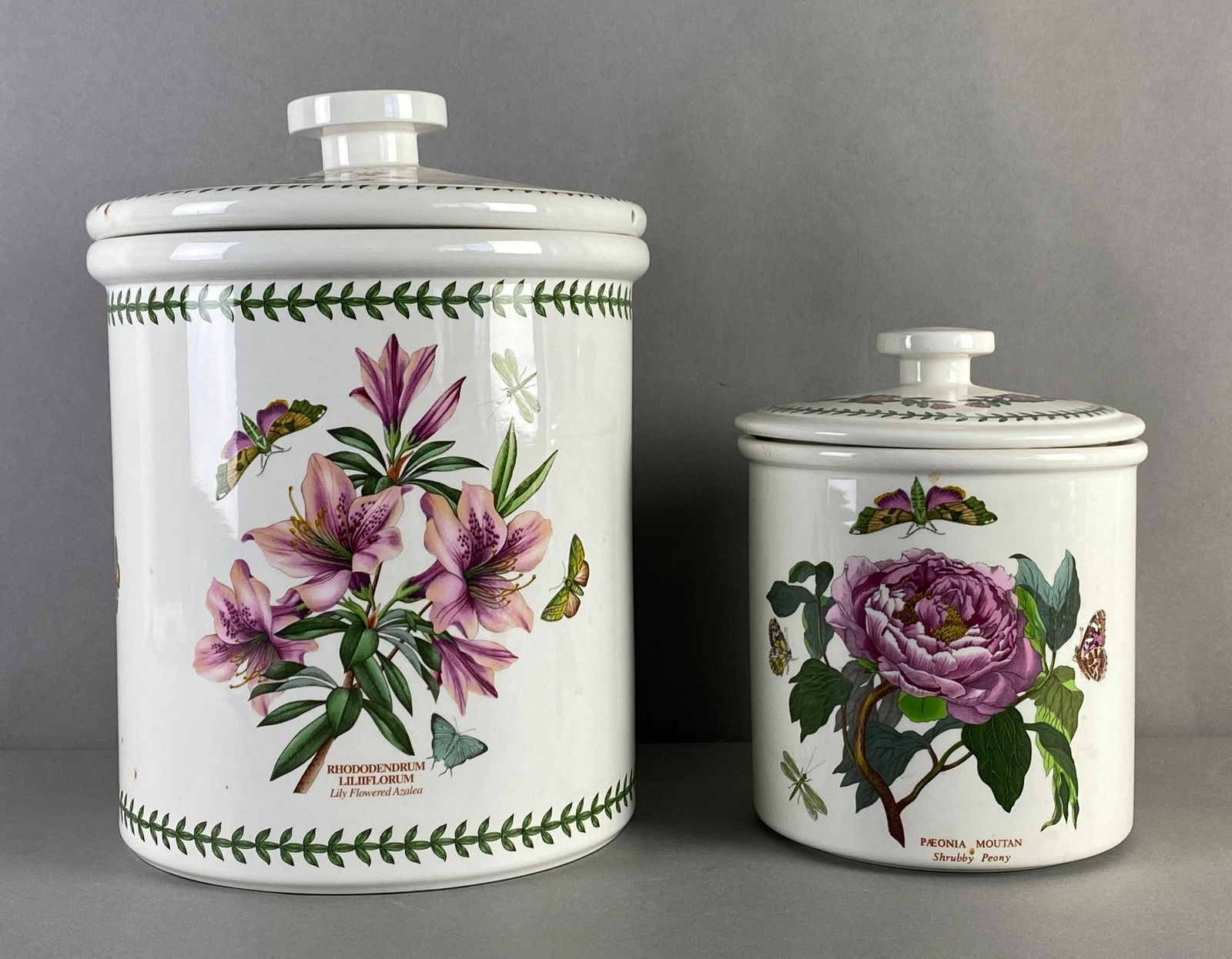 Group of 2 Portmeirion The Botantic Garden Series Porcelain Cookie Jars: Made in England 1972, largest measures 14 x 11 x 11 inches