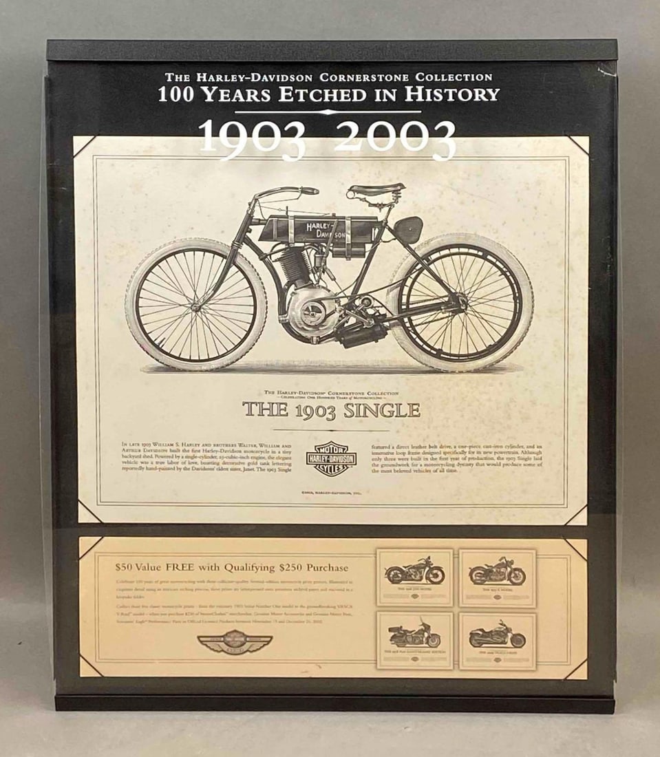 2003 Harley-Davidson 100 Years Etched in History Advertising Display: Displays Ephemera of the 1903 Single, and $50 off of lithograph prints coupon, Standing easel back with slightly domed plexiglass front, Measures 28 x 22 x 5 1/2 inches standing.