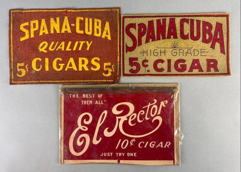 Group of 3 Antique Cigar Store Advertising Textured Banner and Felt Mats: Includes 2 Spana Cuba Felt Mats and 1 EL Rector textured Banner. Largest measure is 11 1/2 x 7 3/4inches