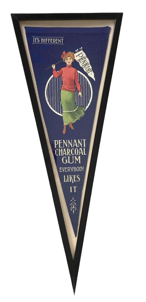 Pennant Charcoal Gum Felt Advertising Pennant: Frame measures 33 1/2 x 13 1/2 inches, Pennant measures 25 x 10 1/2 inches.