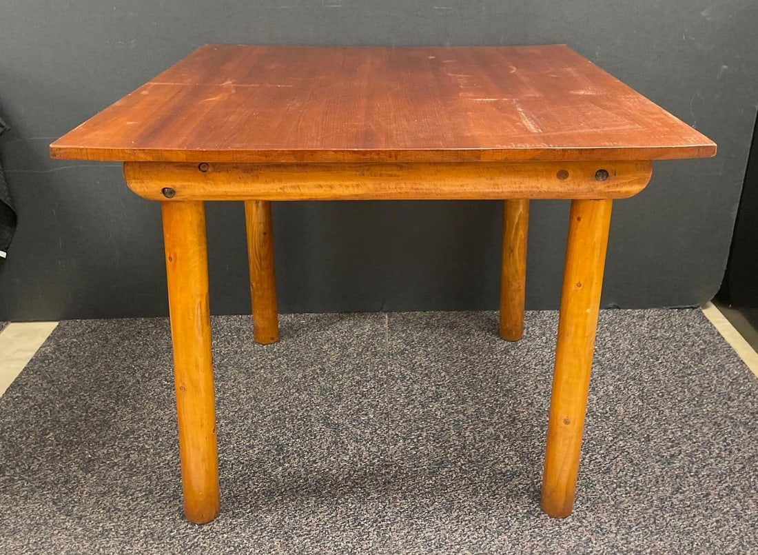Rustic Pine Timber Kitchen Table: No in-house shipping available, 3rd party shipper recommended. Wear on top, measures 30 1/4 x 36 1/4 x 35 1/2 inches