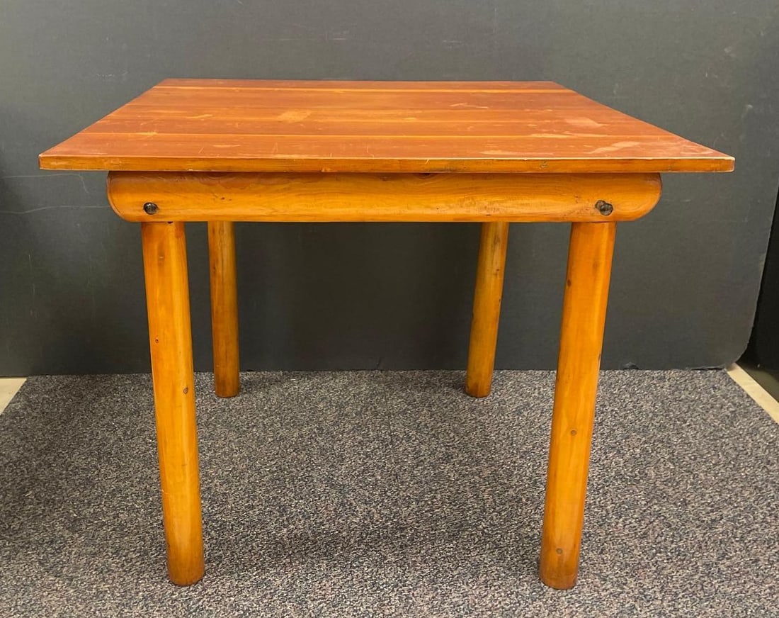 Rustic Pine Timber Kitchen Table: No in-house shipping available, 3rd party shipper recommended. Top needs refinished, measures 30 x 35 3/4 x 36 inches