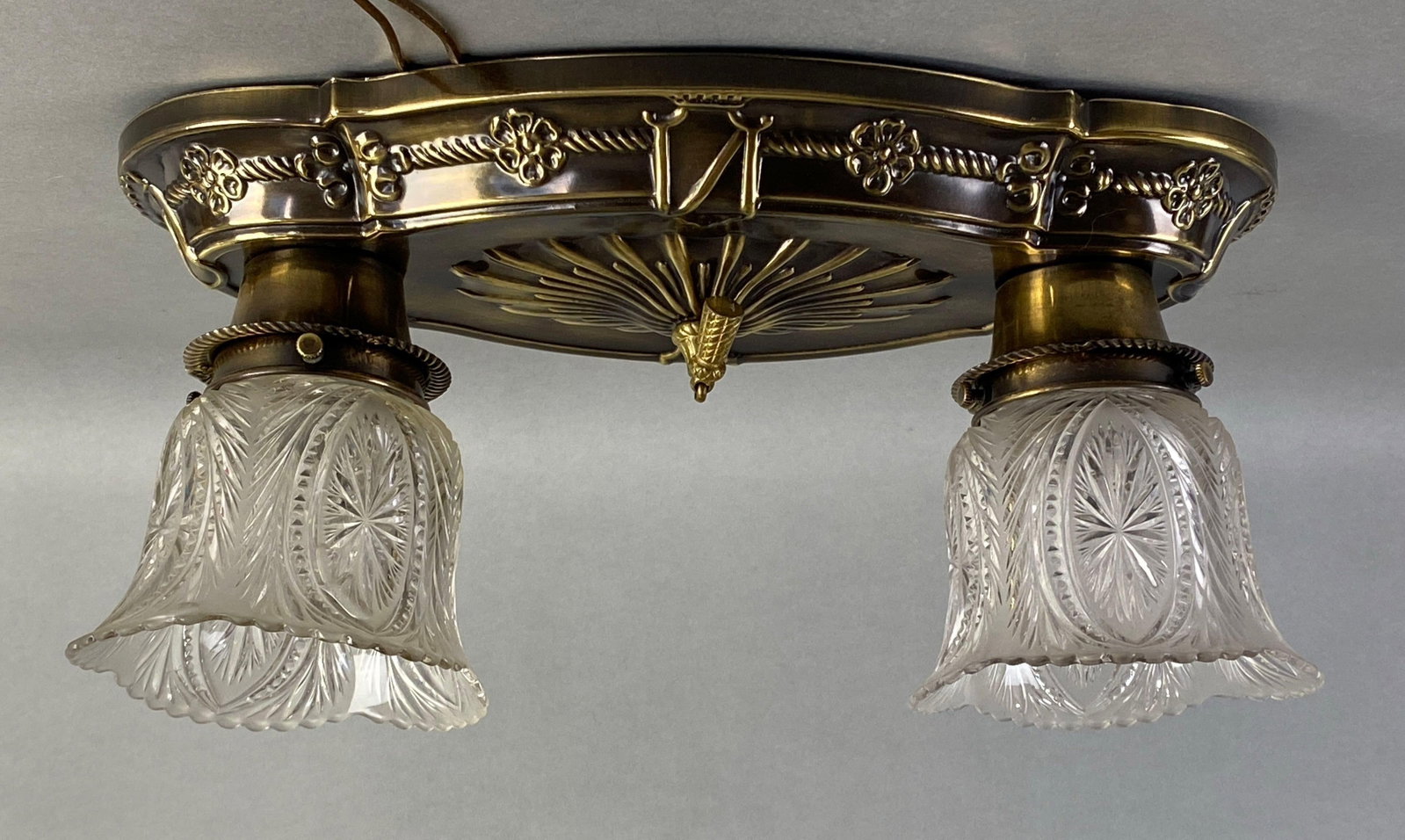 Antique Art Nouveau Brass Flush Ceiling Light Fixture: In working condition, Cut glass shades, measures 14 x 7 1/2 x 6 1/2 inches