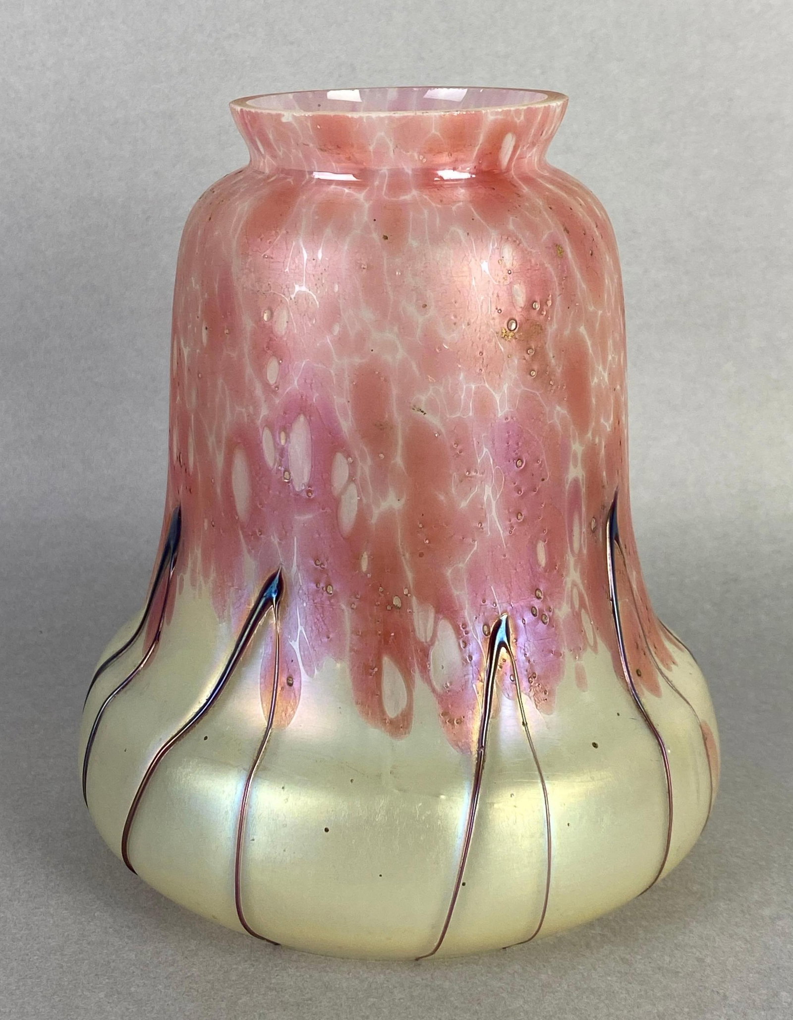 Pink Spotted Art Glass Bell Lamp Shade: some chips on fitting, measures 5 1/2 x 4 1/2 x 4 1/2 inches with 2 inch fitting