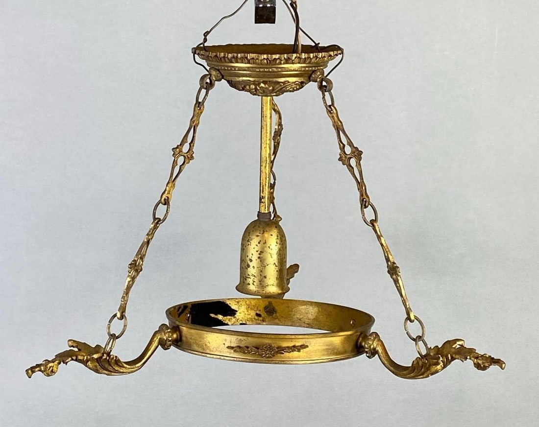 Antique French Neoclassical Style Hanging Metal Light Fixture: Electrified, Some discoloration, Measures 11 x 16 x 16 inches.