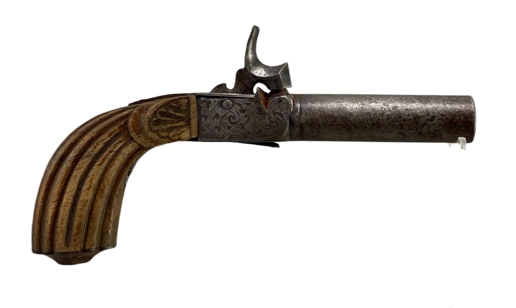 Antique Percussion Drop Trigger Pistol: Serial # N/A, measures 8 inches from base of grip to barrel