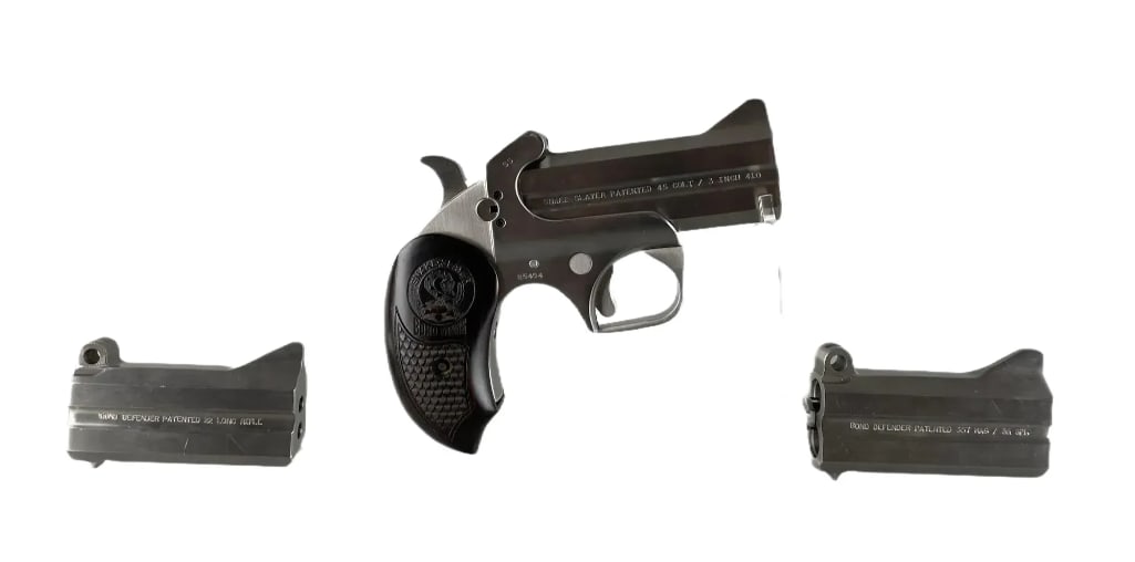 Bond Arms Snake Slayer .45 / .357 Mag / .22 LR Dillinger Pistol with Holster: Serial # 85494. Includes 45 / 410 3 inch barrel, 357 / 38 special 3 inch barrel, and 22 long rifle 3 inch barrel. Leather and vinyl holsters, hard box, paperwork