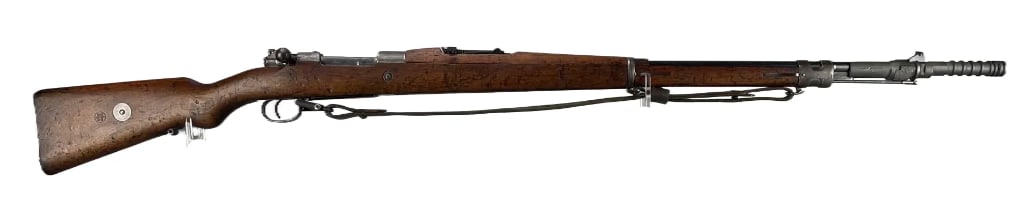 Brazilian Mauser Model 1908 7x57mm Cal. Bolt Action Rifle: Serial # 1821. Nat crest receiver 35, grenade launcher attachment