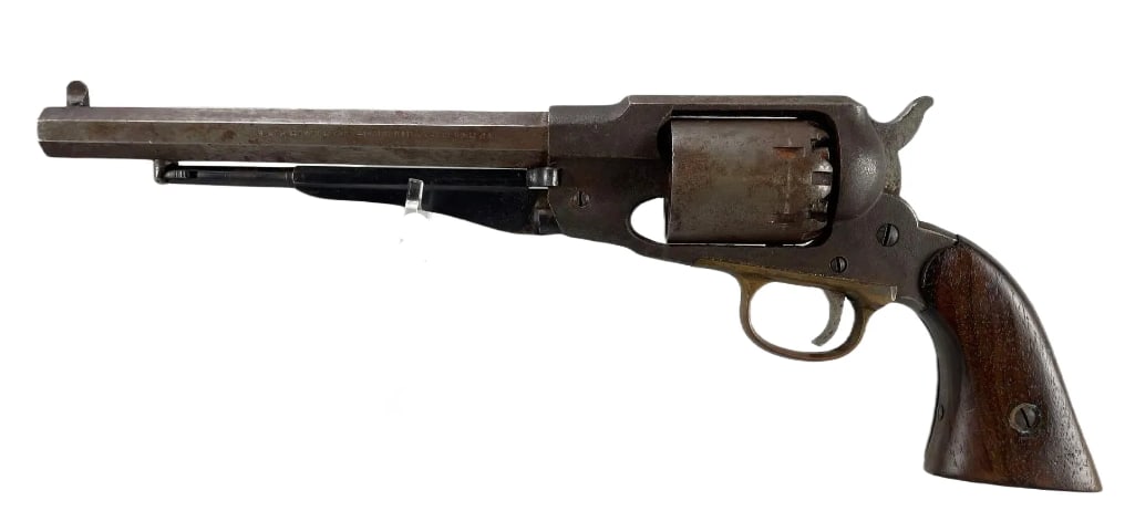 Italian Arms Co. .44 Cal. Single Action Black Powder Navy Revolver: Serial # 036347. Marked navy arms co. 7 3/4 inch barrel. Jimbo etched into barrel