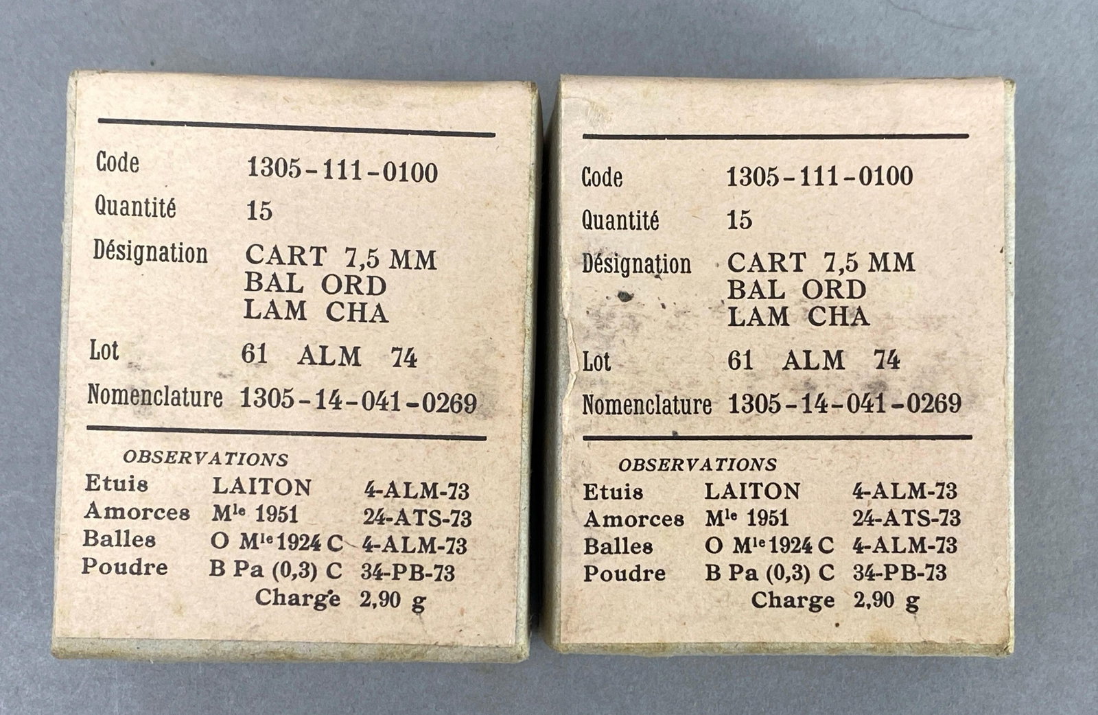 Group of 30 Rounds of Greek 7.5mm Ammunition: includes 2 boxes of 7.5mm clips, each contains 3 clips of 5 rounds