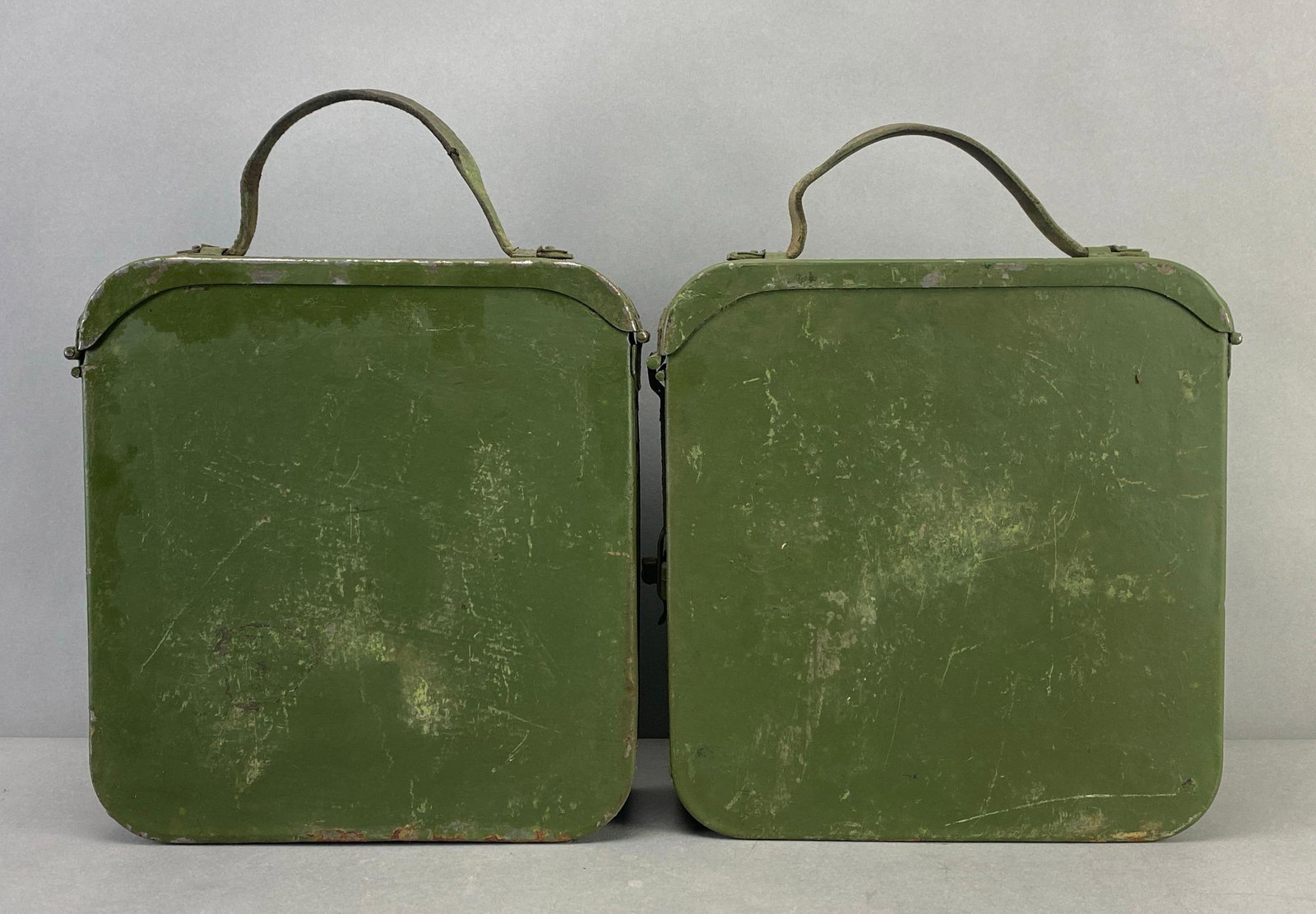 Group of 2 Russian Maxim Dummy Ammo Belts and Cana: Ammo belts for 7.62x54R, each belt measures 15 feet in length, cans measures 10 1/2 x 10 x 3 1/2 inches
