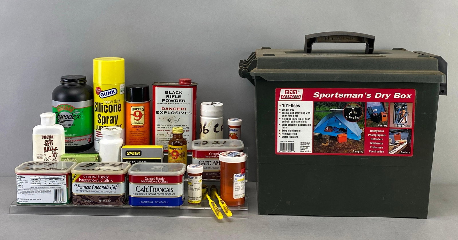 Group of Assorted Percussion Rifle Tools and More: NO IN HOUSE SHIPPING AVAILABLE, THIRD PARTY SHIPPING RECOMMENDED, includes Black Powder, assorted caliber shots, powder measures, patches, wads, Sportsman’s dry box and assorted lubricants