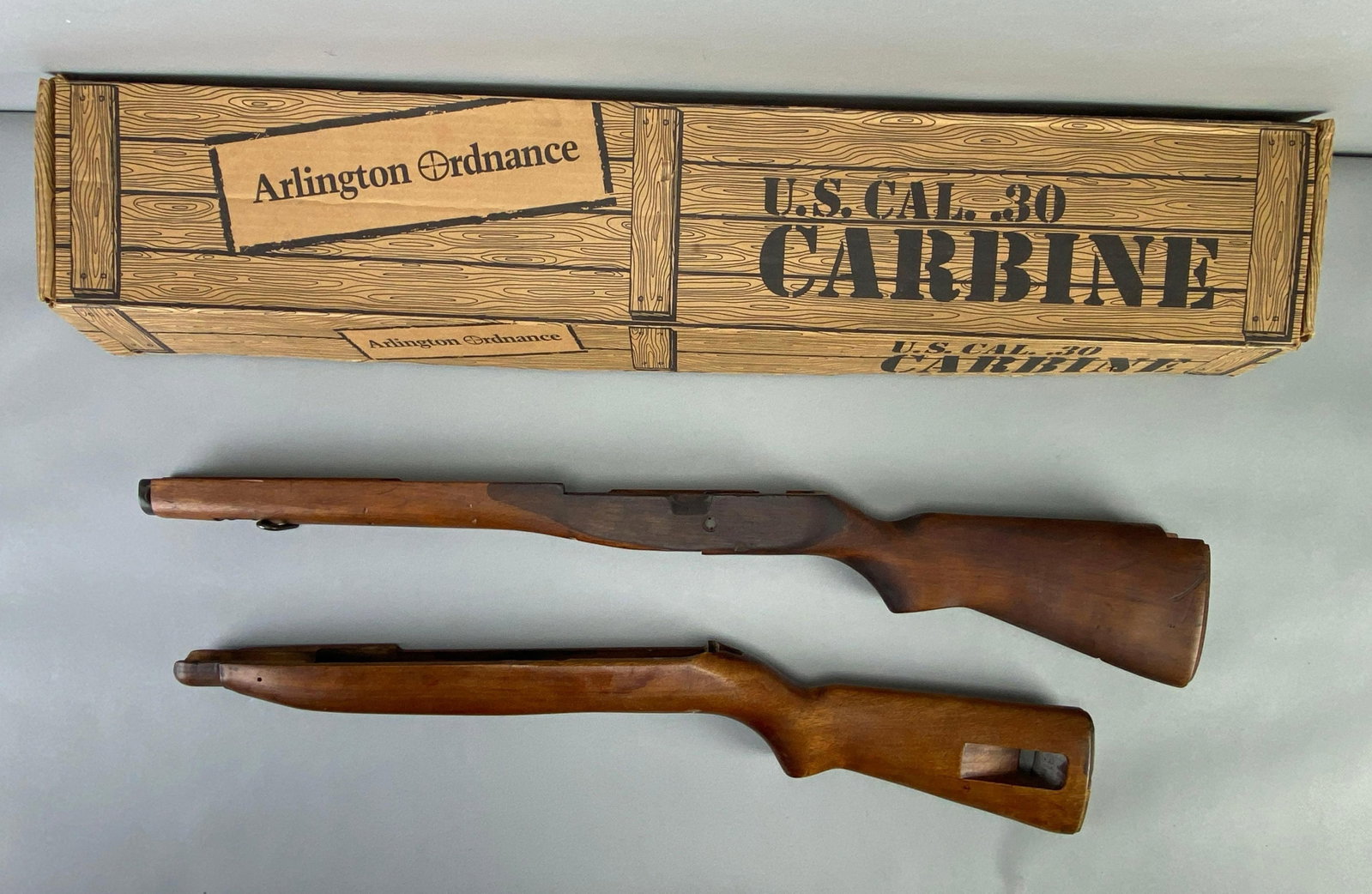 Group of 2 M1 Carbine and US Springfield Wood Stocks: Includes Arlington ordnance box, Springfield stock measures 32 1/2 inches in length