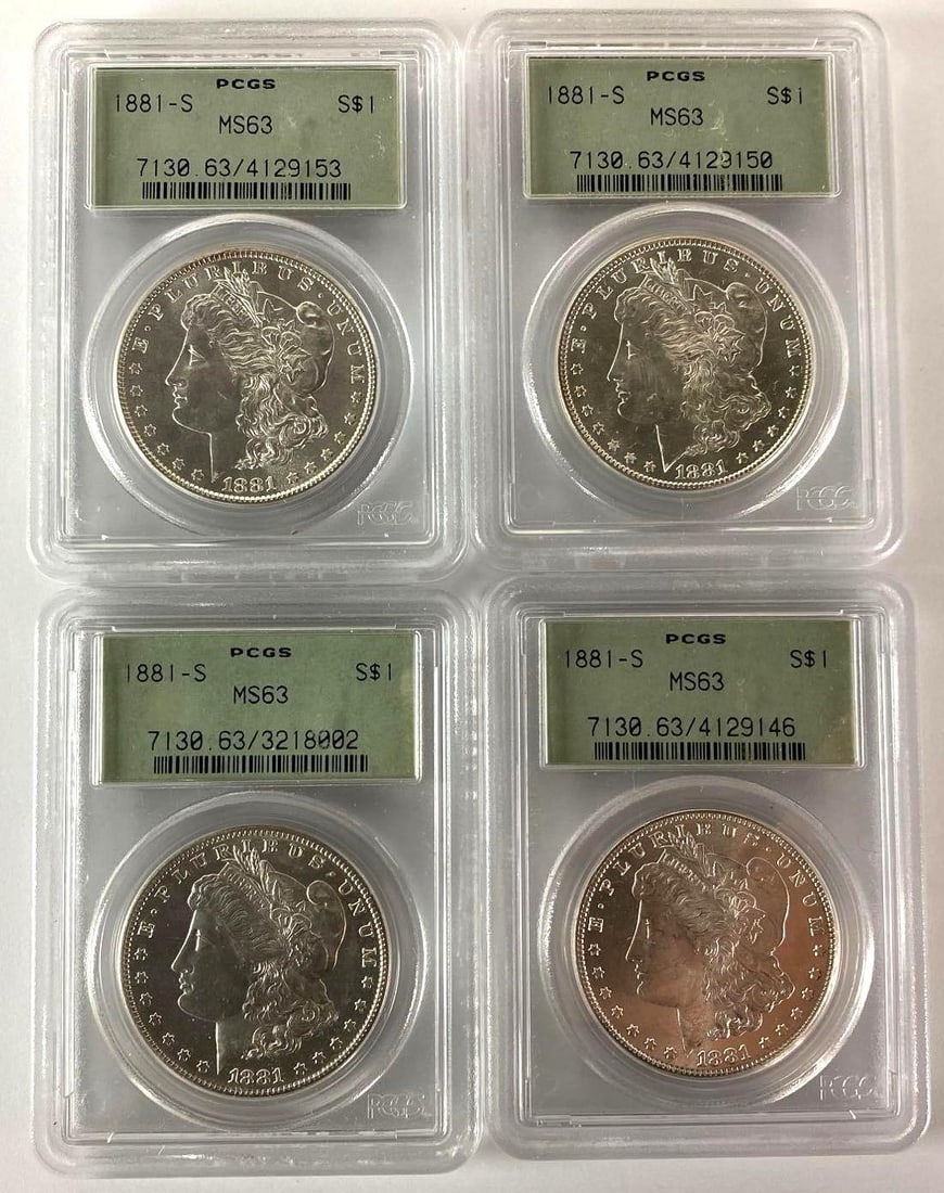 Group of (4) 1881-S PCGS MS63 US Morgan Silver Dollars (1 of 2)