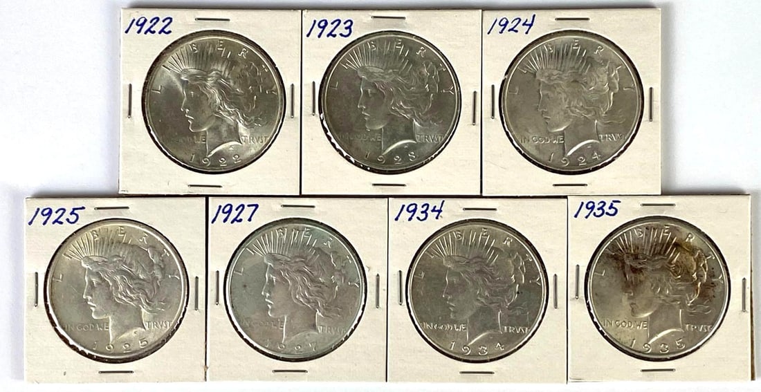 Group of (7) US Peace Silver Dollars (1 of 2)