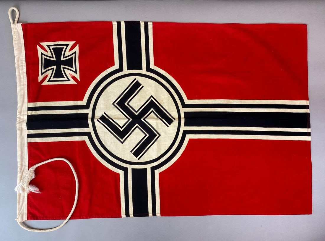 WW2 German Reich Kriegsmarine Battle Flag: Small stains, 23 1/2 x 34 inches. Marked Reichskriegsfahne.