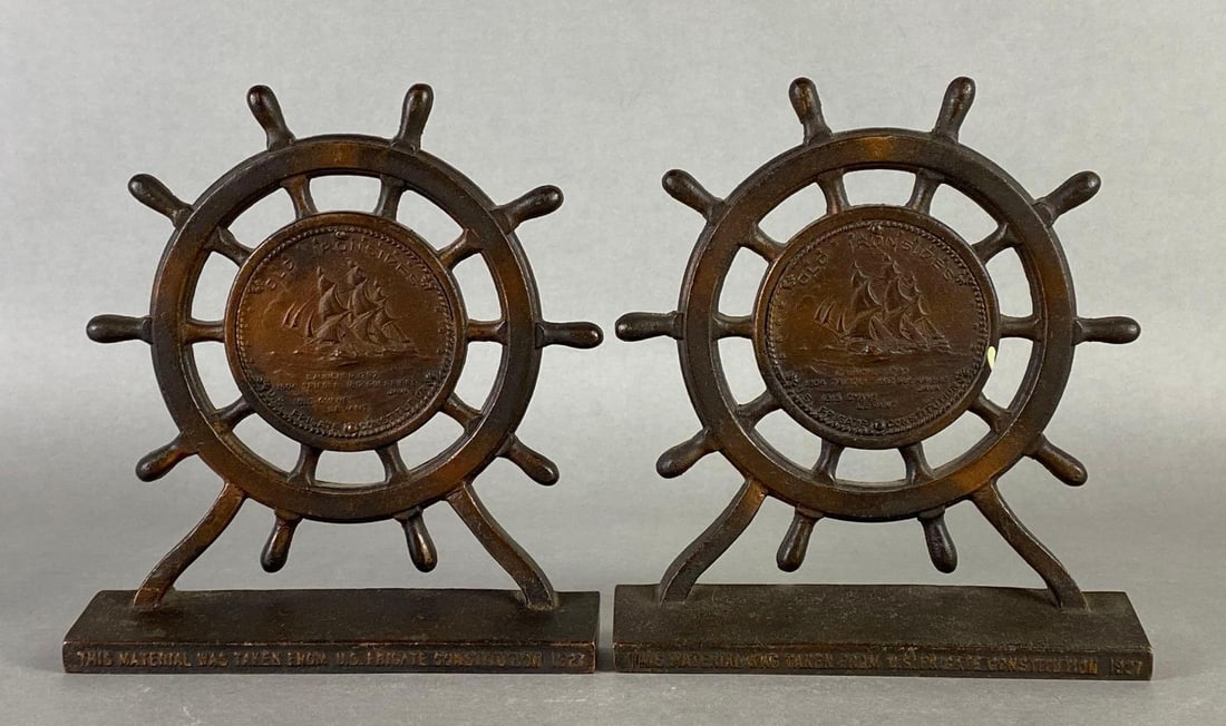 Pair of 1927 USS Constitution (Old Ironsides) Cast Metal Bookends: Bookends made with material taken from the US Frigate Constitution 1927, Both measure 6 1/2 x 6 x 2 3/4 inches.