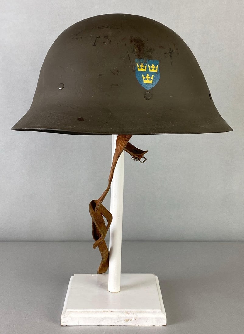 WW2 Swedish M26 High Top Steel Military Helmet: Measures 7 x 11 3/4 x 10 inches.